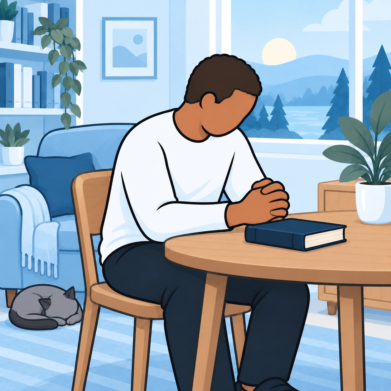 He prays at the table beside his closed Bible, with his phone out of sight.