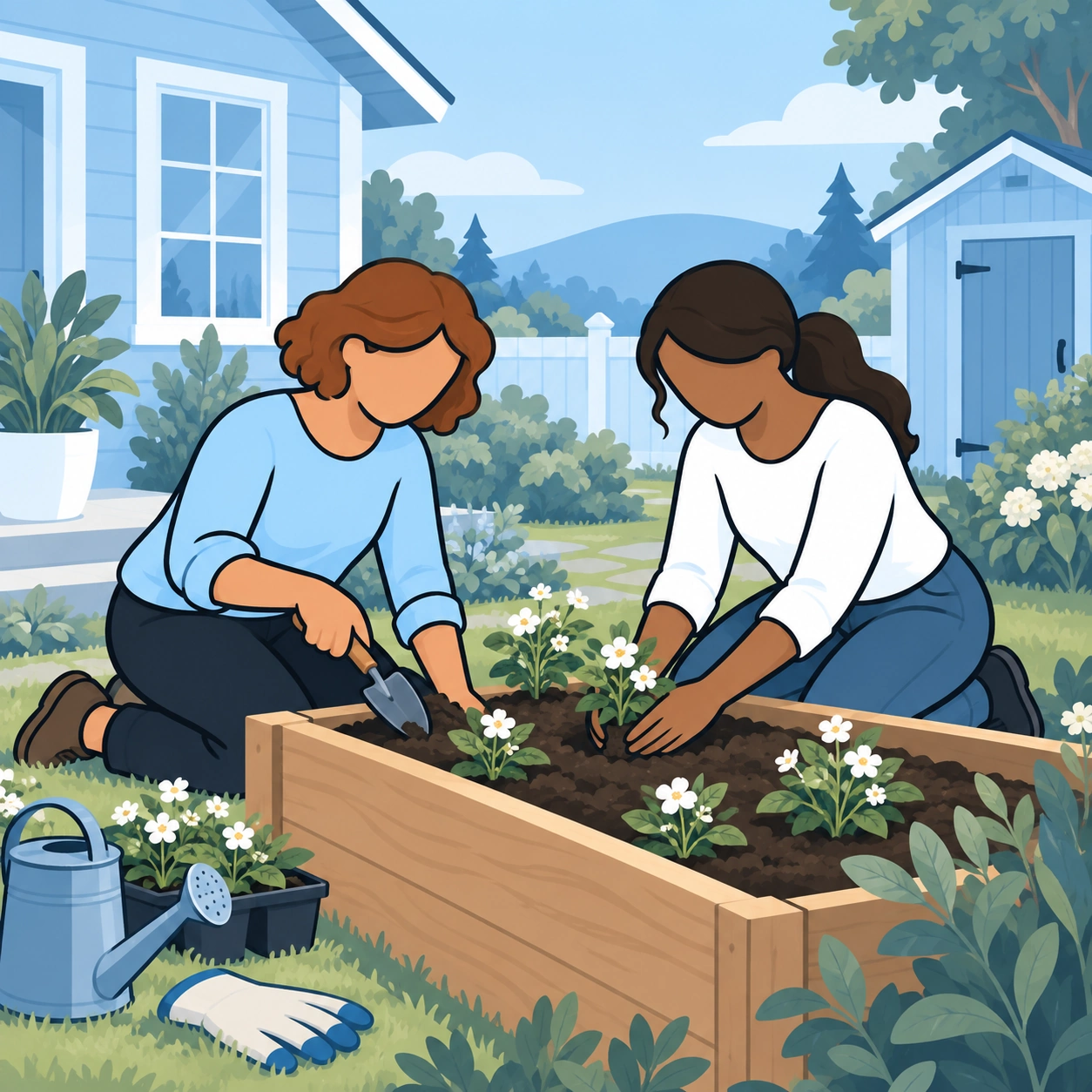 Two women plant flowers together in a garden.