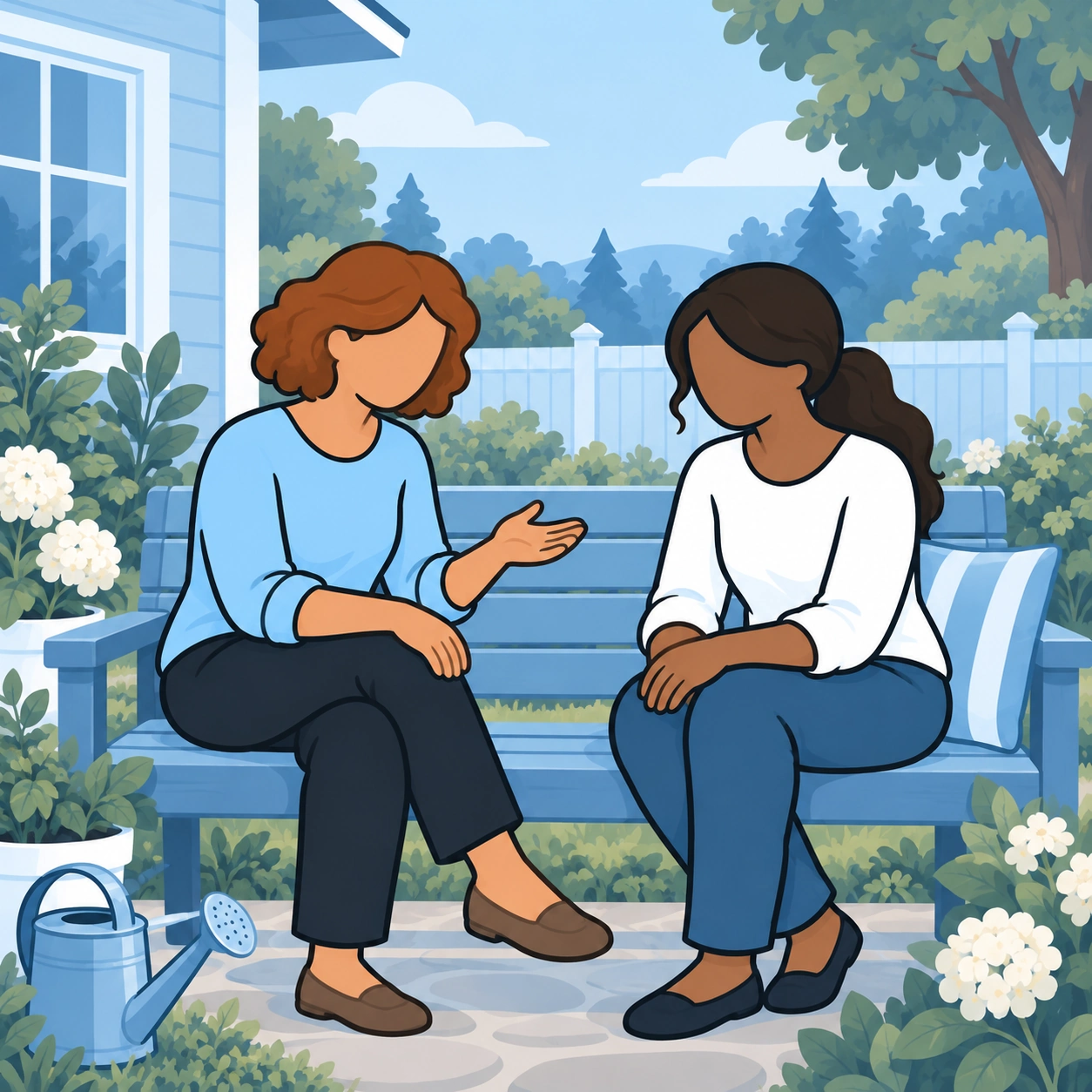 They talk while seated on a garden bench.