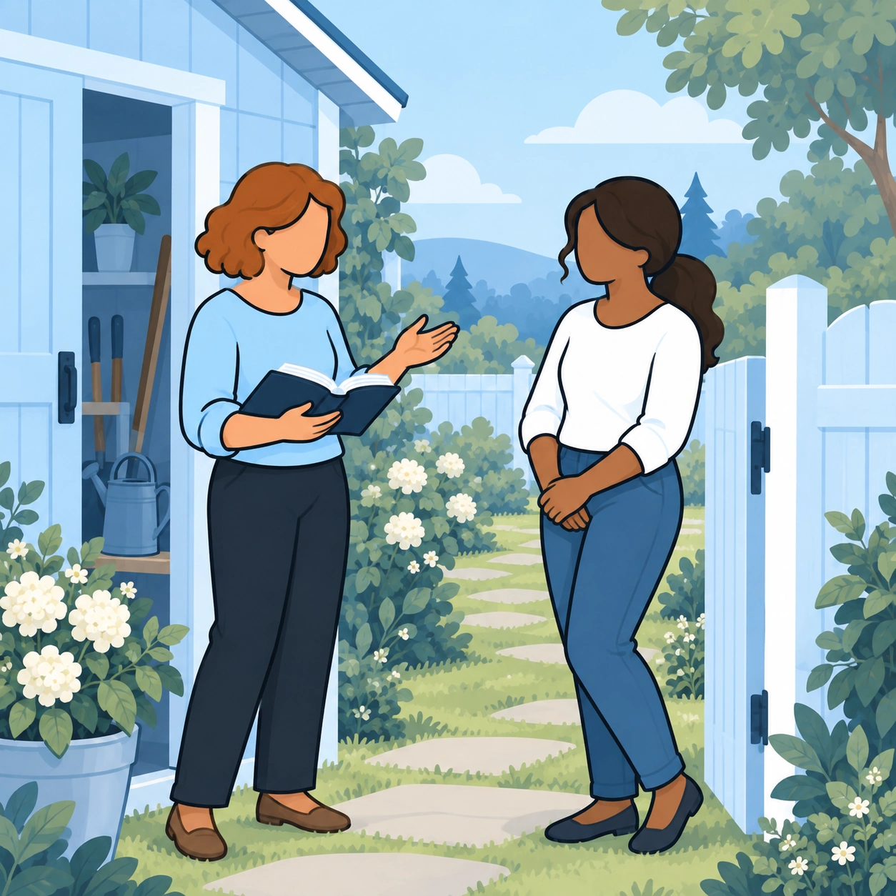 One holds an open Bible beside a shed while her friend listens by the gate.