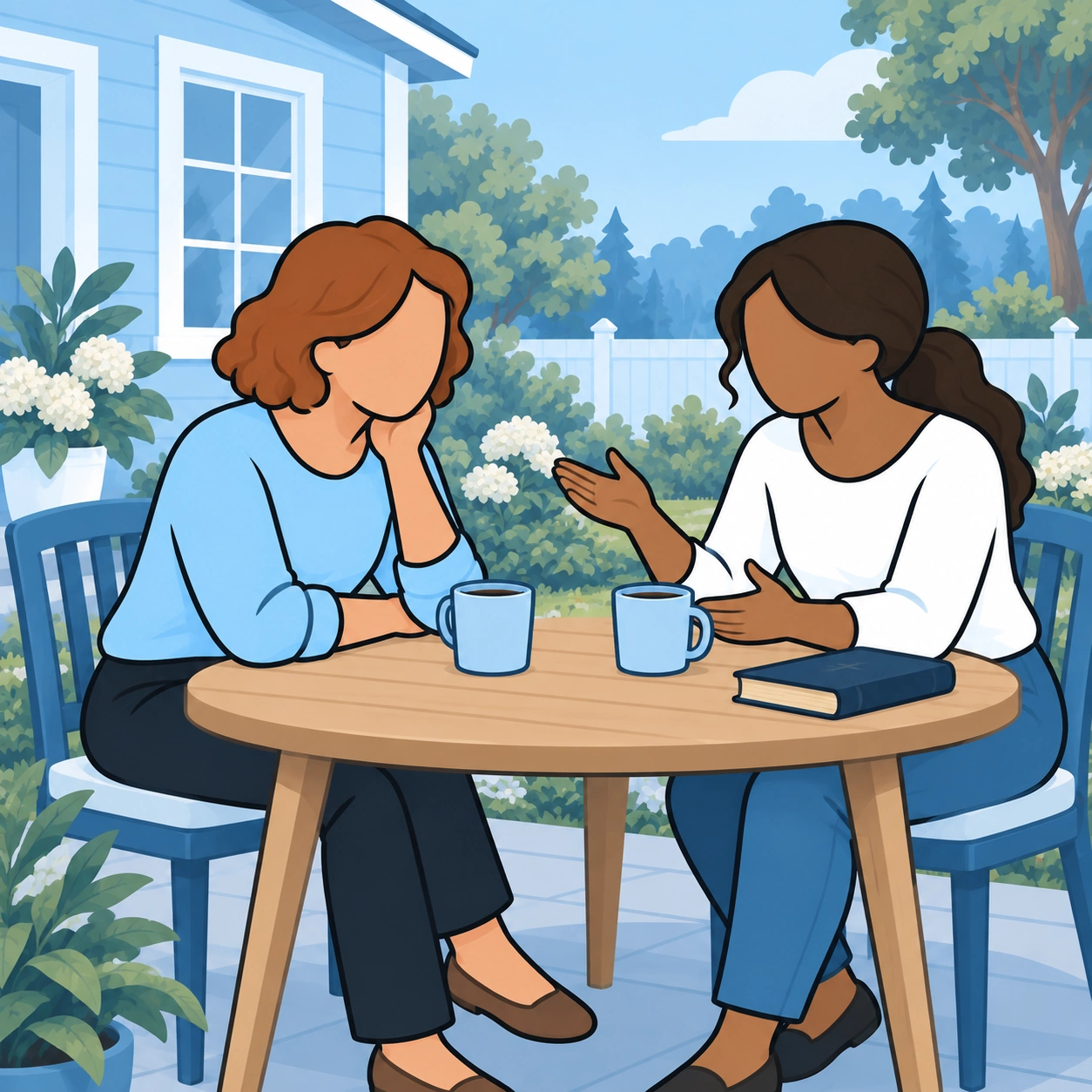 They share a conversation across an outdoor table.