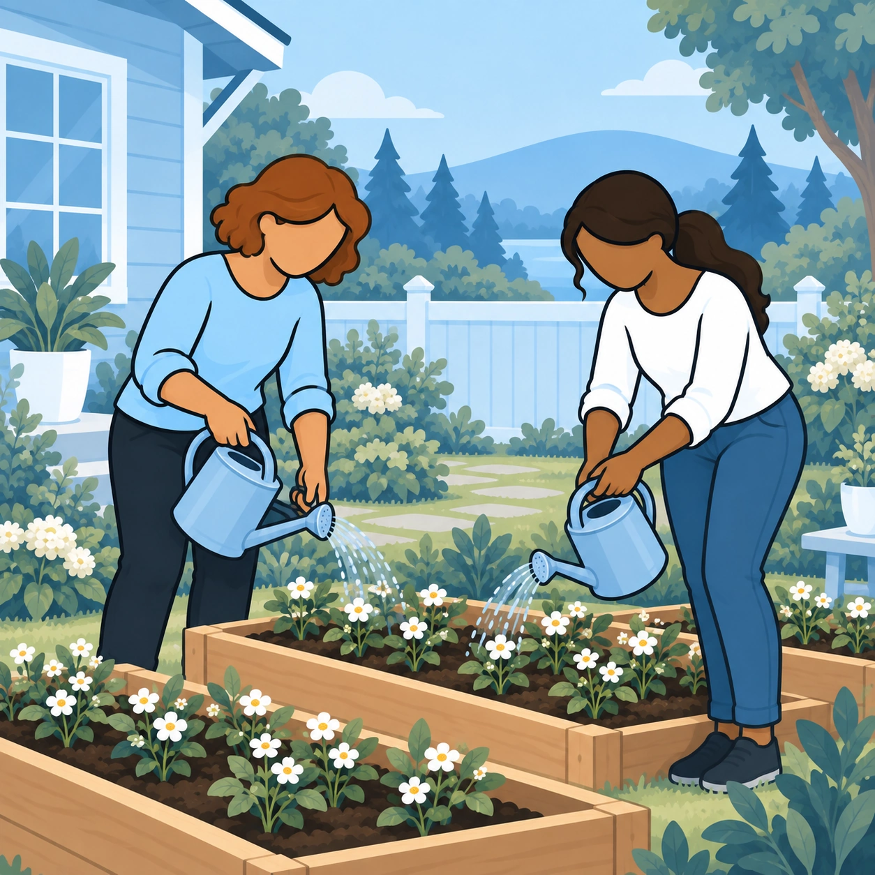 They water the garden together.