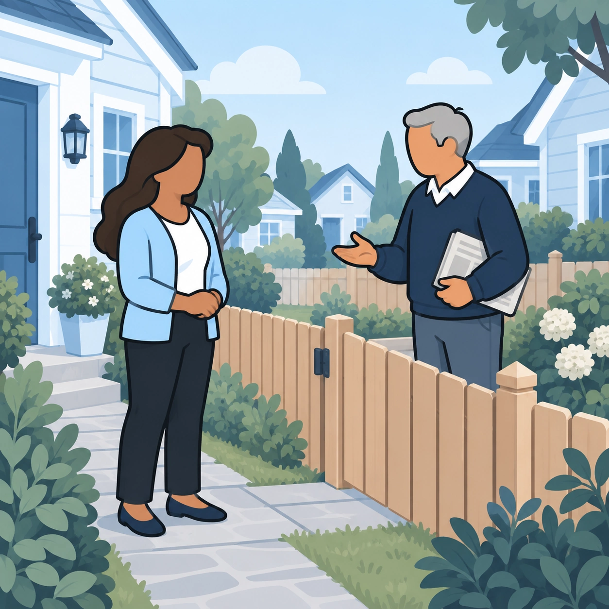 A woman pauses while her older neighbor speaks across their garden fence.
