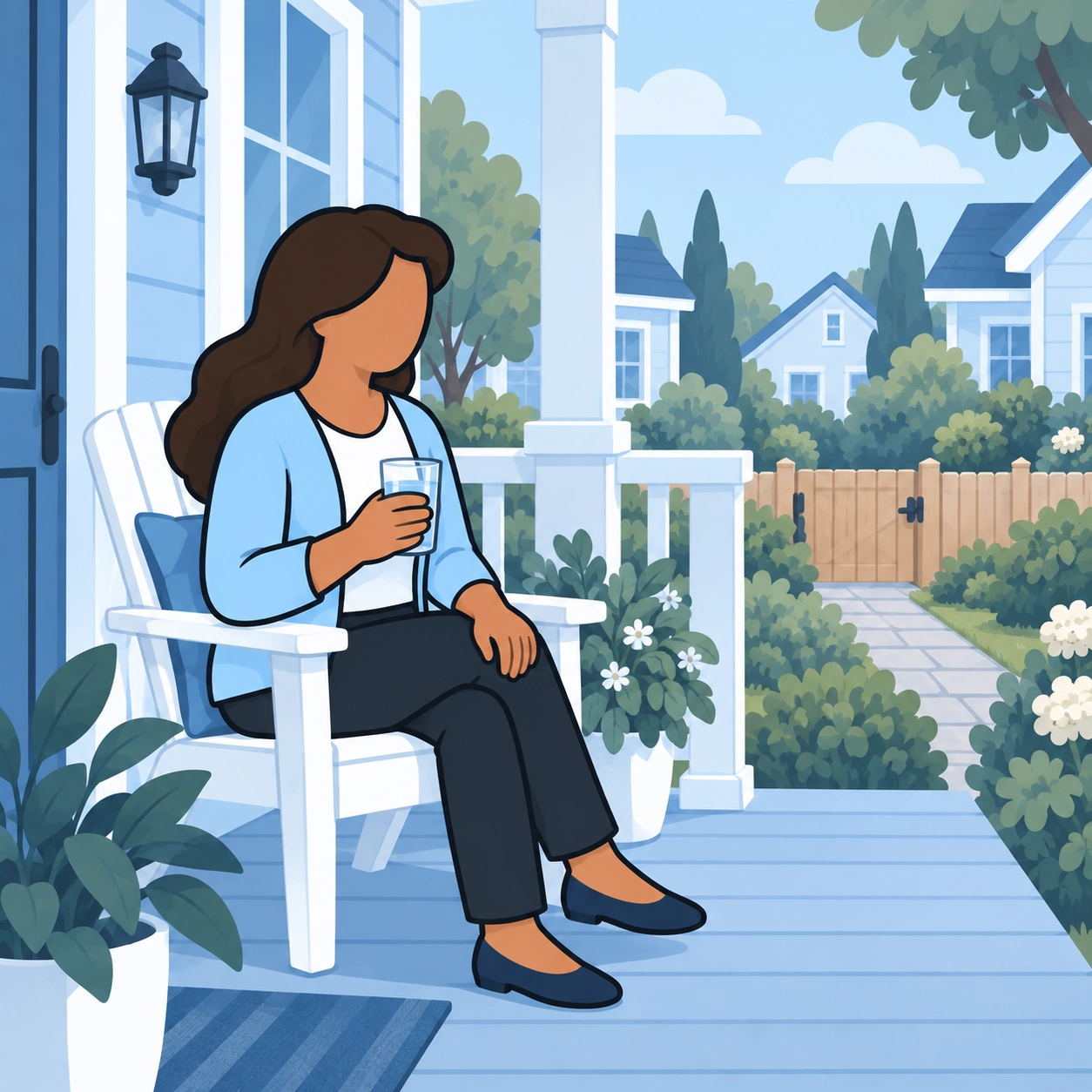 The woman takes a quiet pause on her porch with a glass of water.