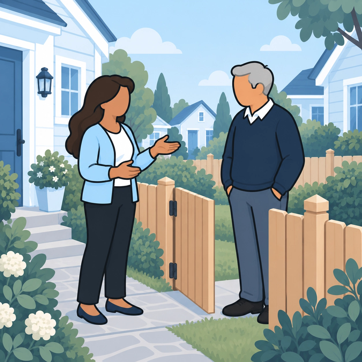 The neighbors talk calmly beside the open garden gate, leaving space between them.