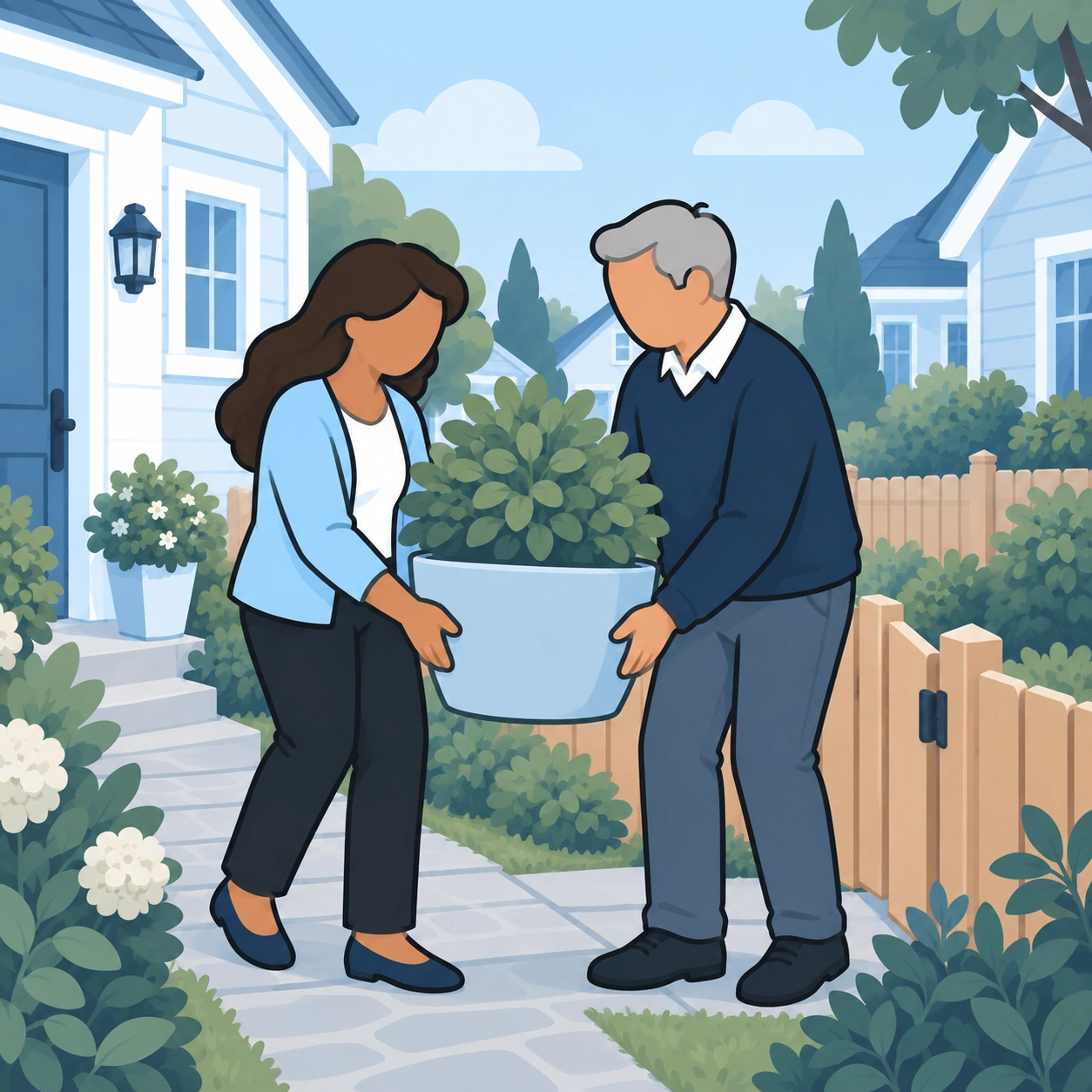 The two neighbors help each other carry a large planter along the garden path.