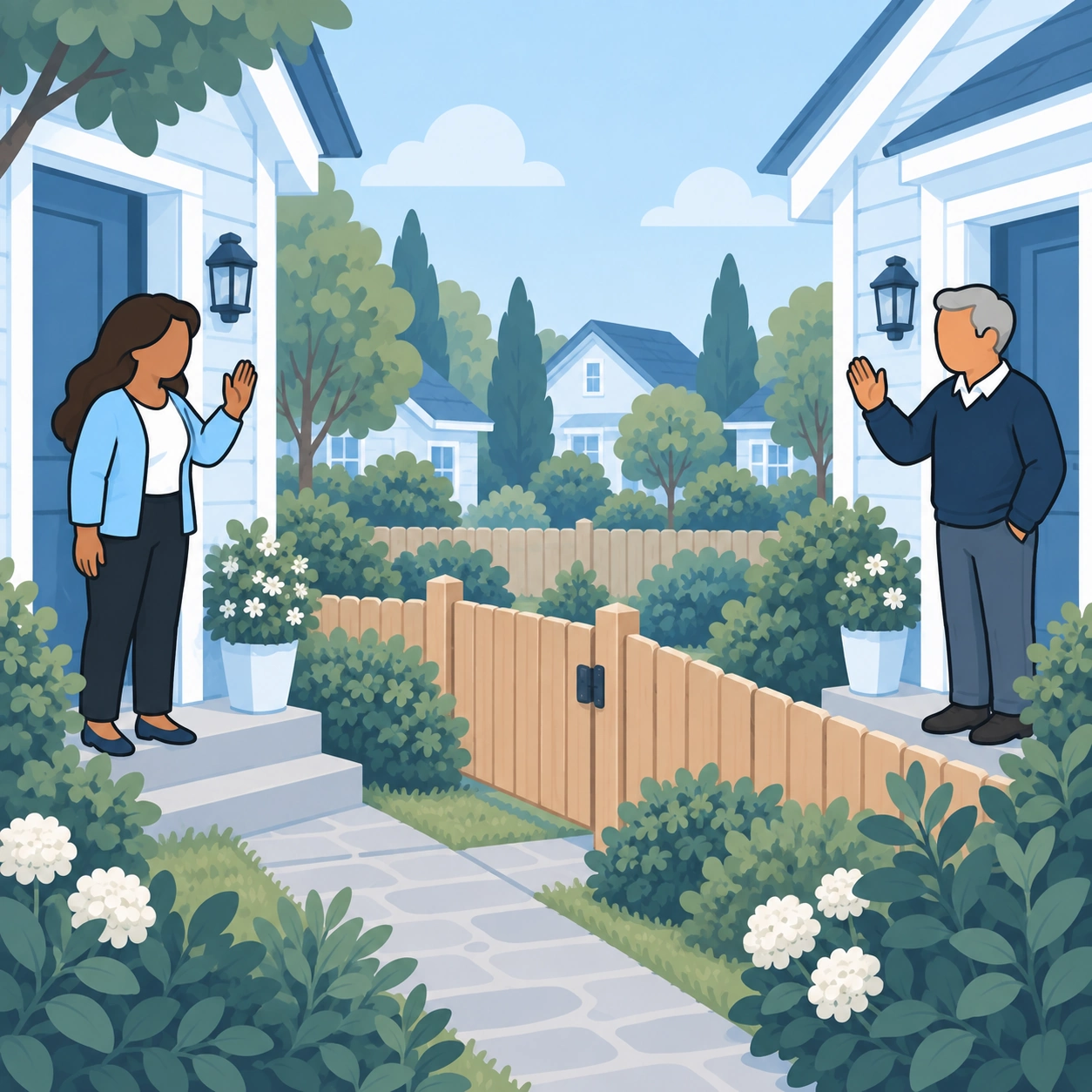 The neighbors exchange a friendly wave from their separate doorways.