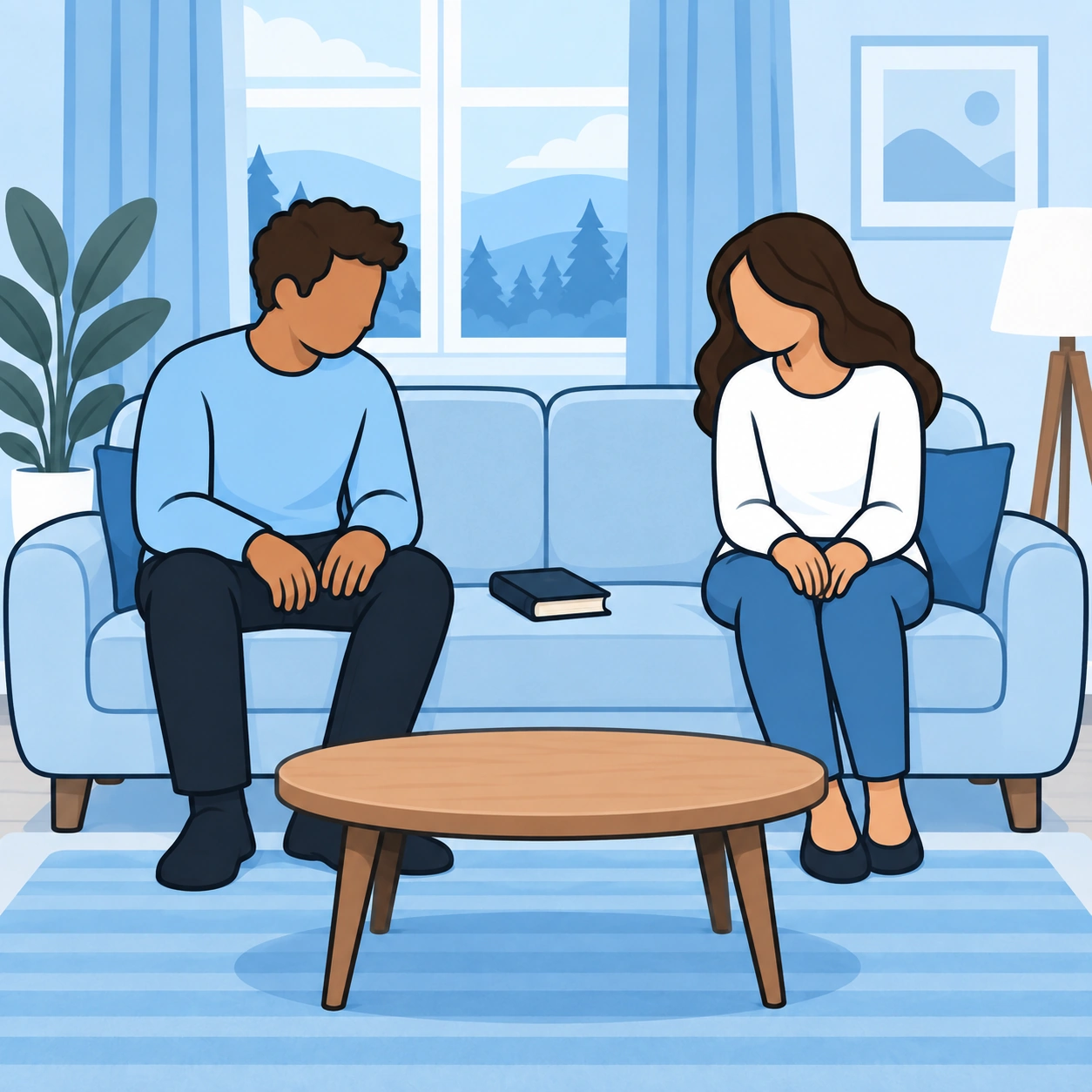 A hesitant couple sit at opposite ends of a blue sofa with a closed Bible between them.