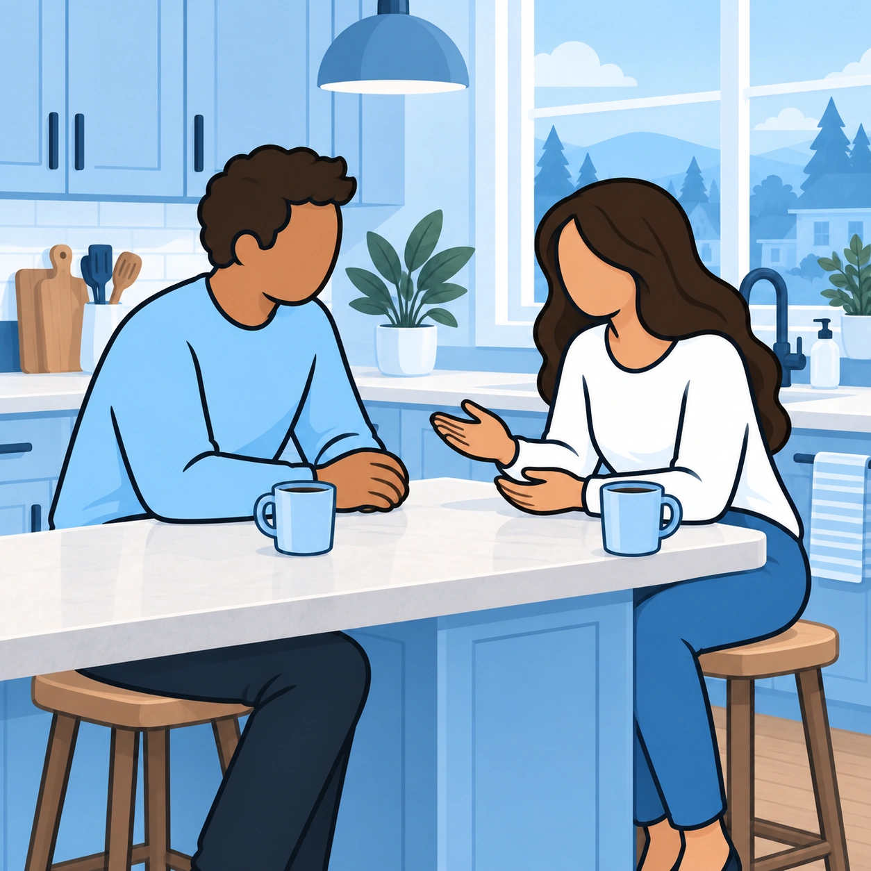 A wife shares a concern while her husband listens beside two mugs at their kitchen counter.