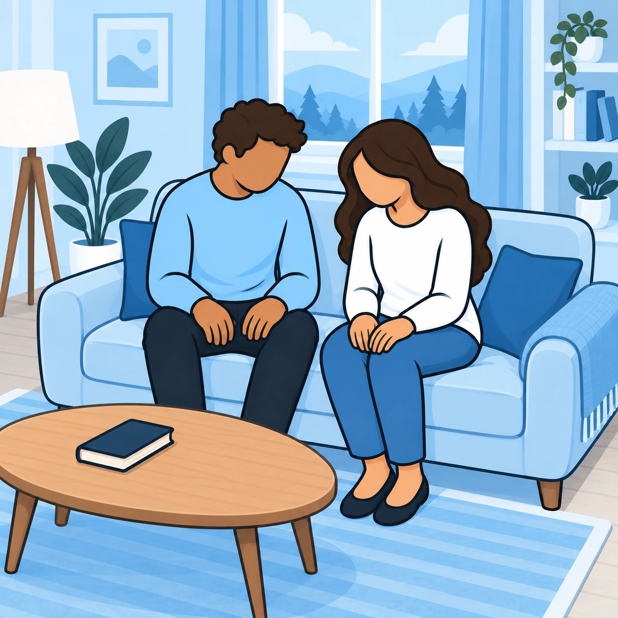The couple sit quietly on the sofa with bowed heads and their hands resting separately on their laps.