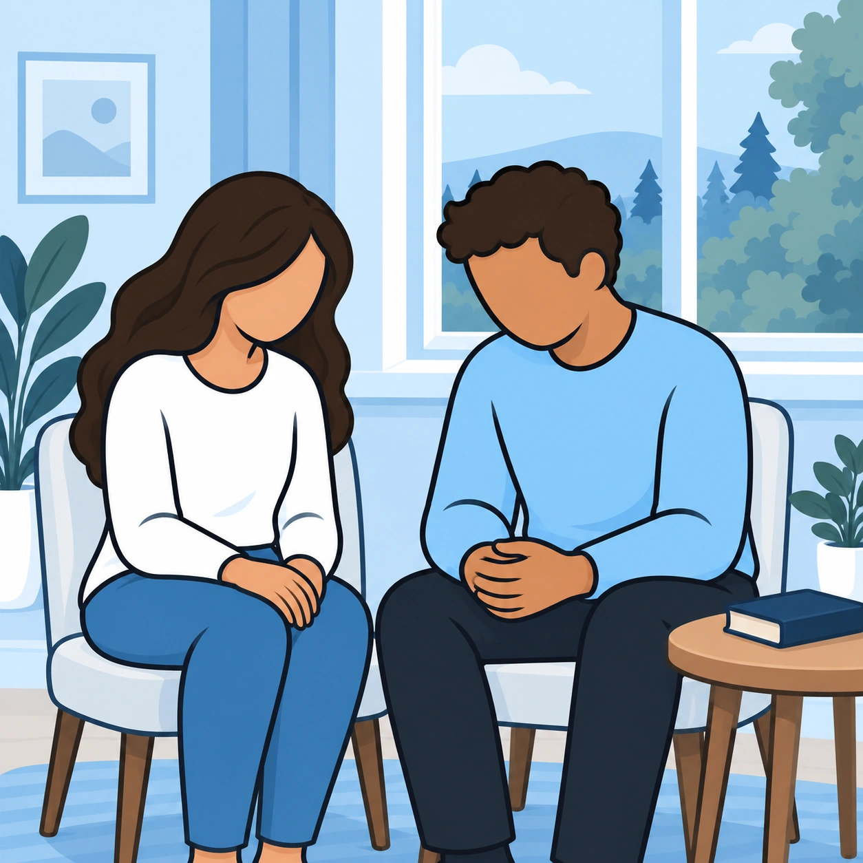 A wife listens while her husband offers a brief prayer beside the living-room window.
