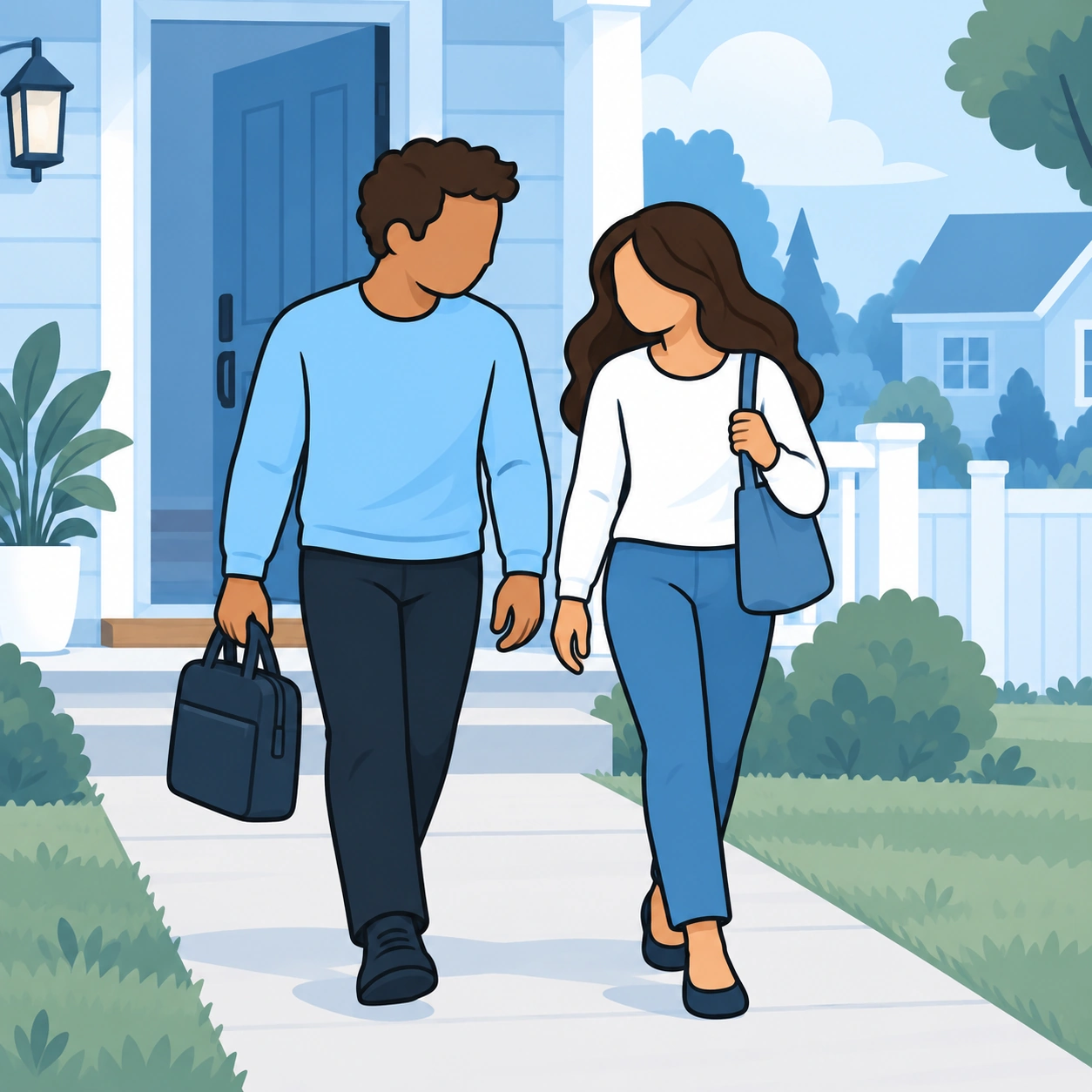 The couple leave their home side by side with their everyday bags.