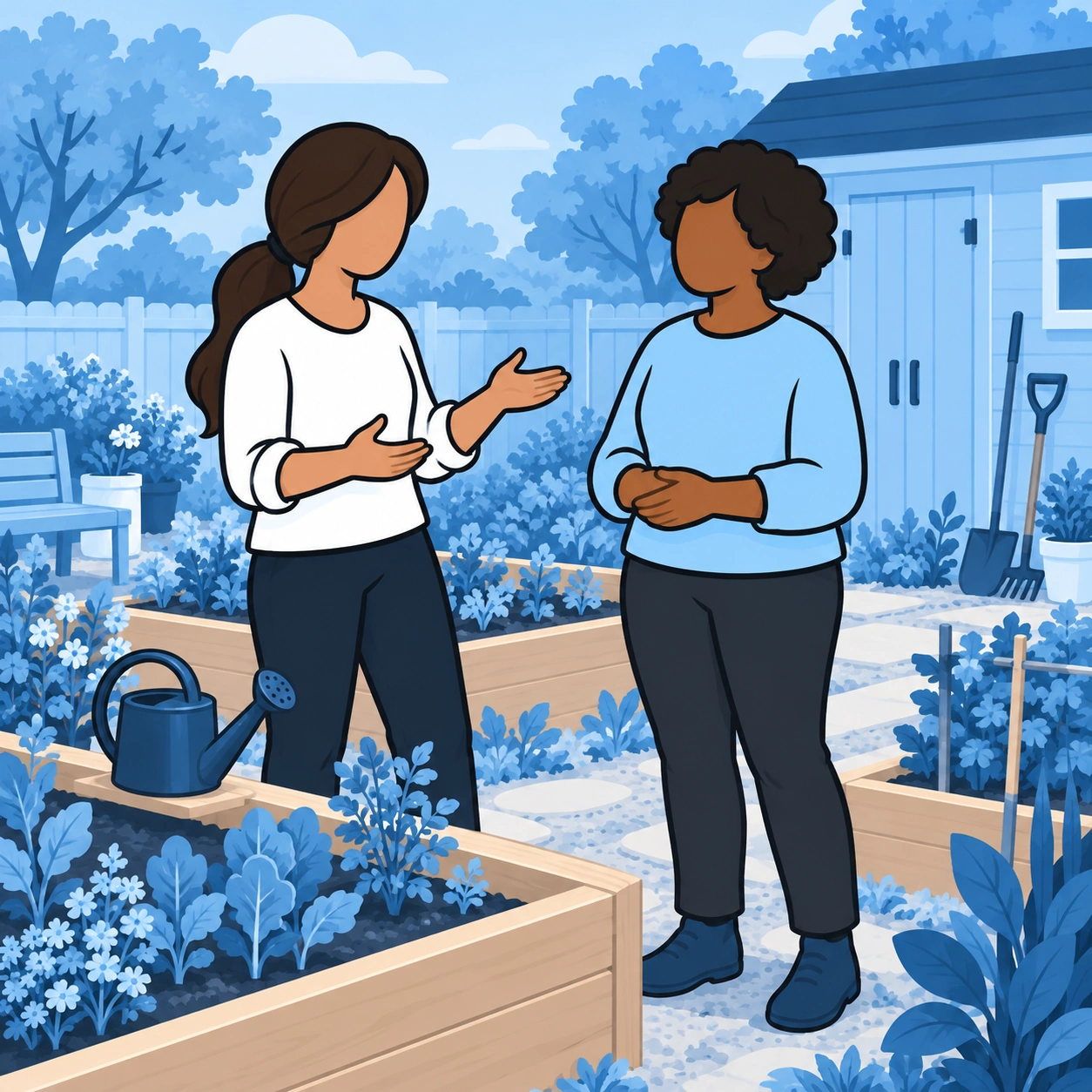 Two friends talk beside raised beds in a blue garden.