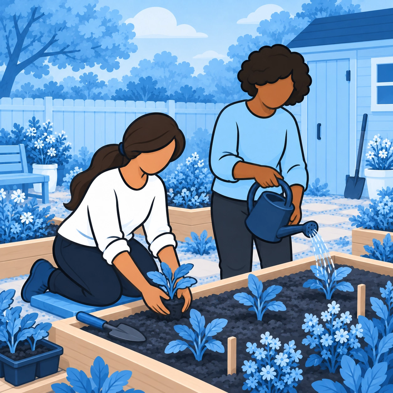 Two friends plant and water seedlings together.
