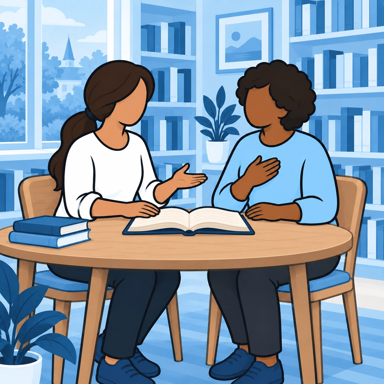 Two friends discuss an open book at a library table.