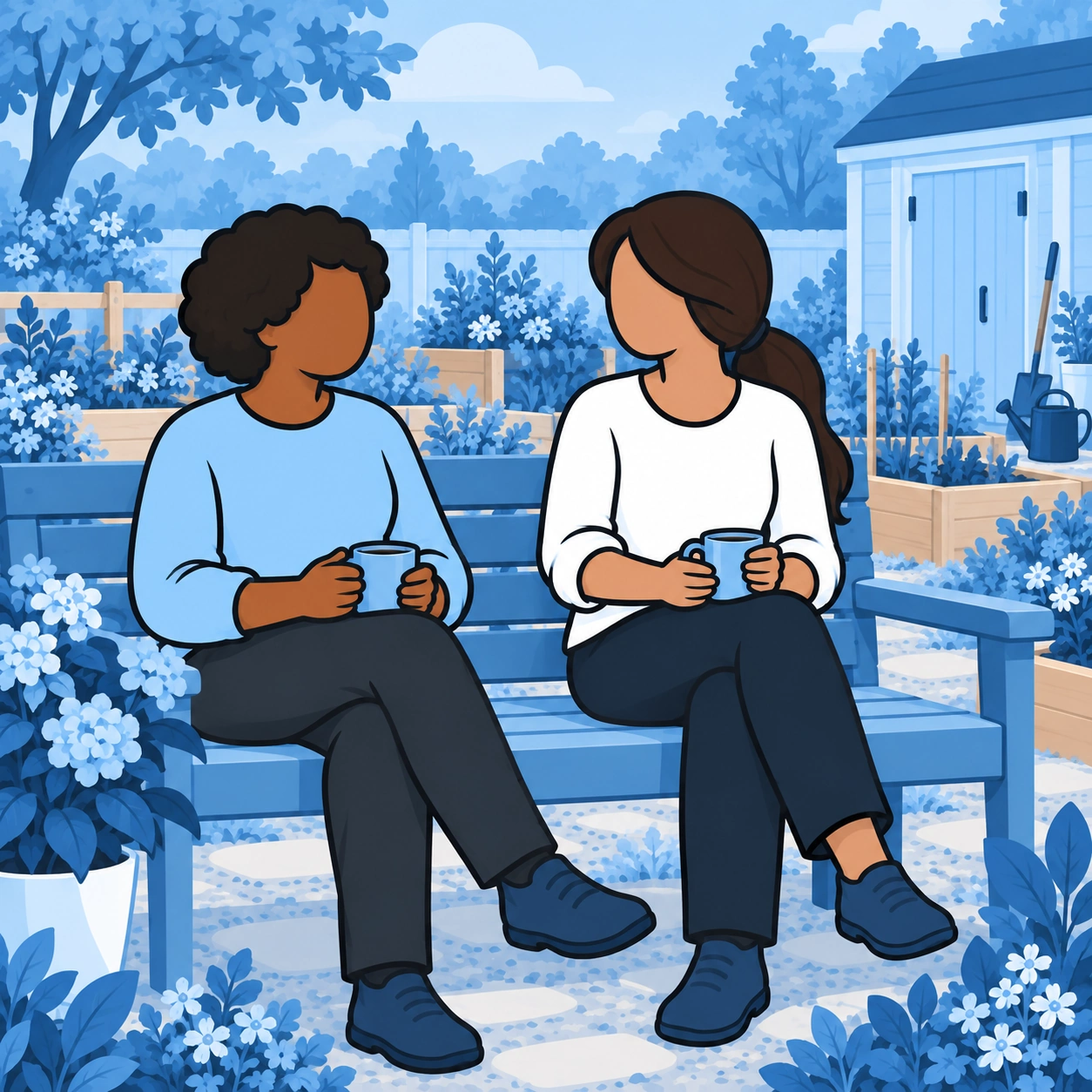 Two friends share drinks and conversation on a garden bench.