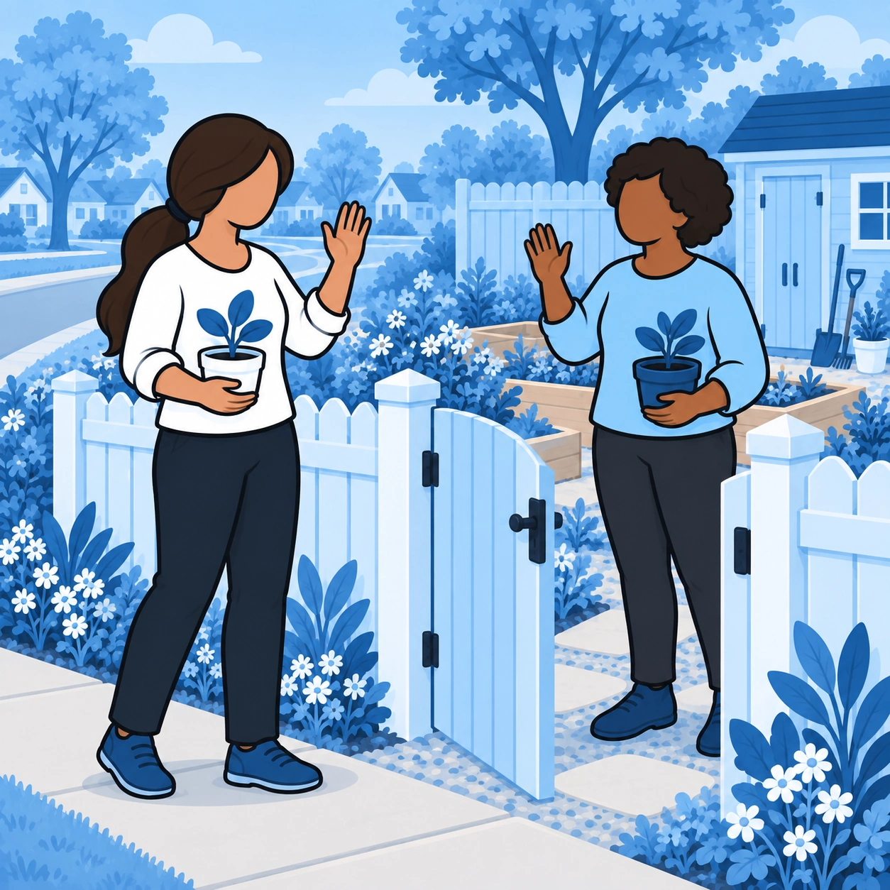 Two friends wave goodbye at a garden gate while holding potted seedlings.