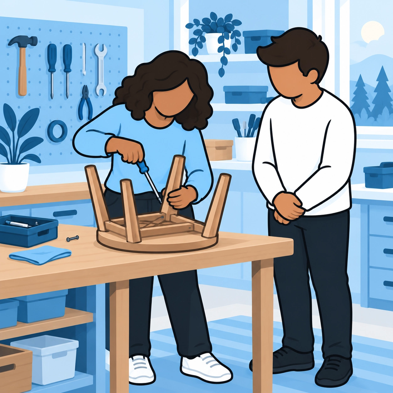A woman repairs a stool while a man watches in a workshop.