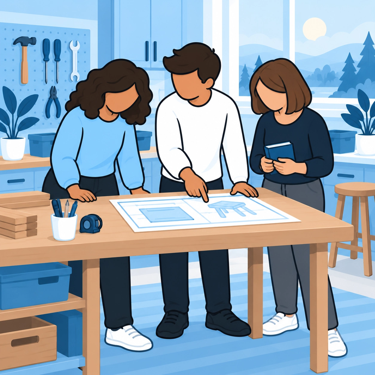 A woman listens as two teammates discuss a project plan around a workshop table.