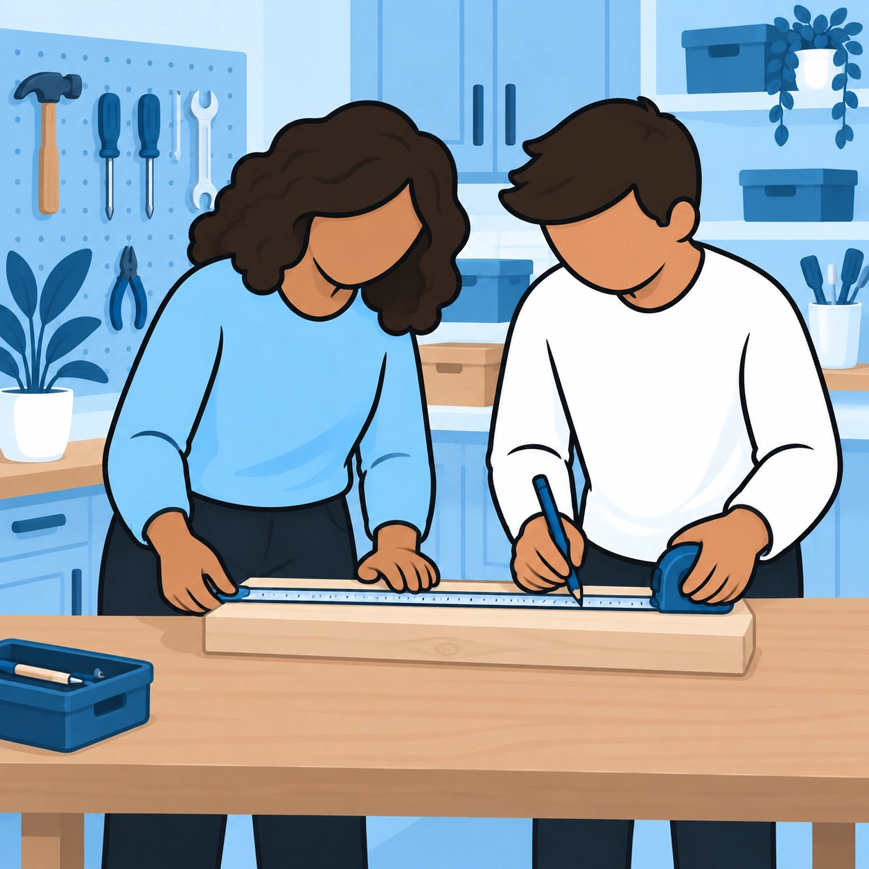 She helps the man measure a piece of wood.