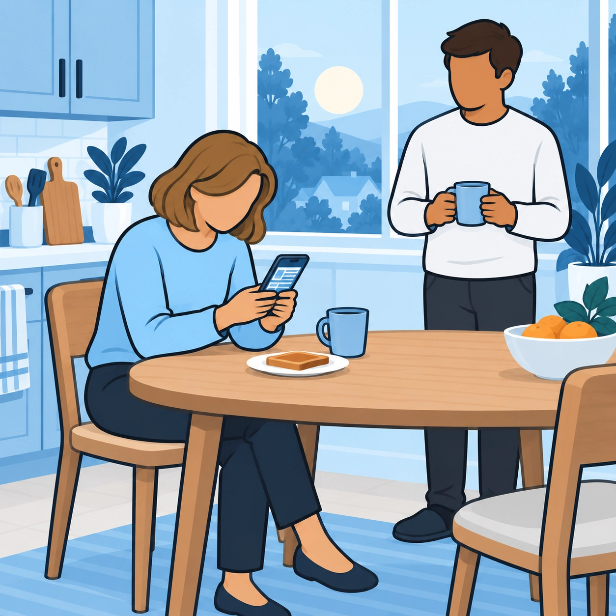 A woman keeps reading her phone at breakfast while a man waits with his mug.