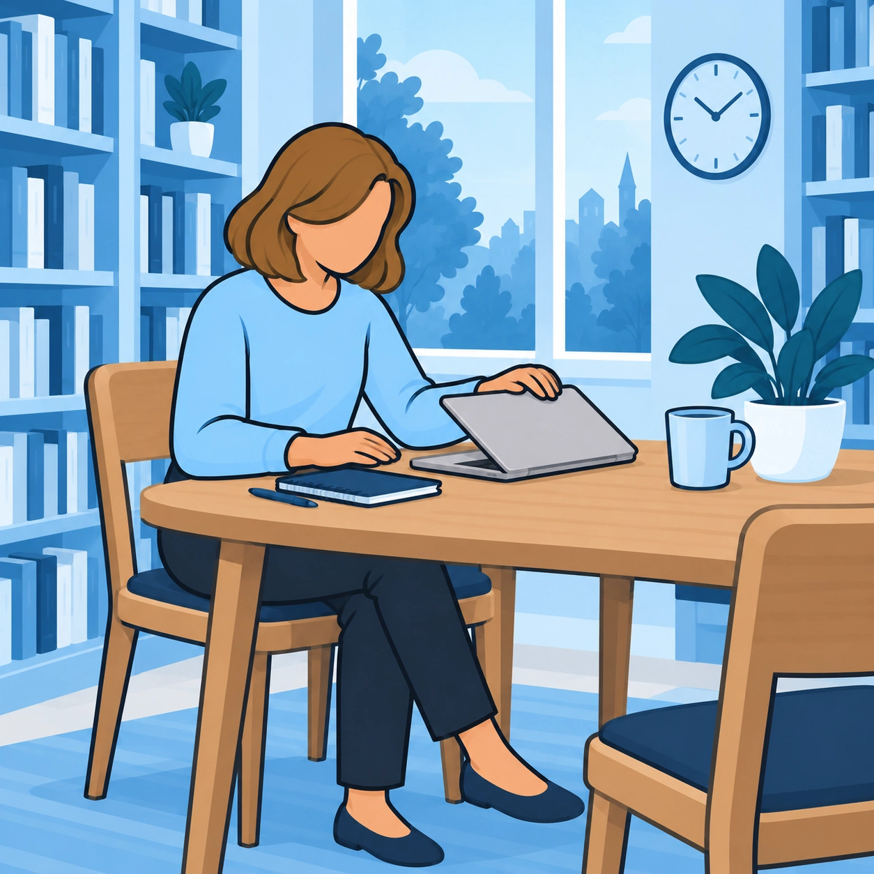 She deliberately closes her laptop at a library table.