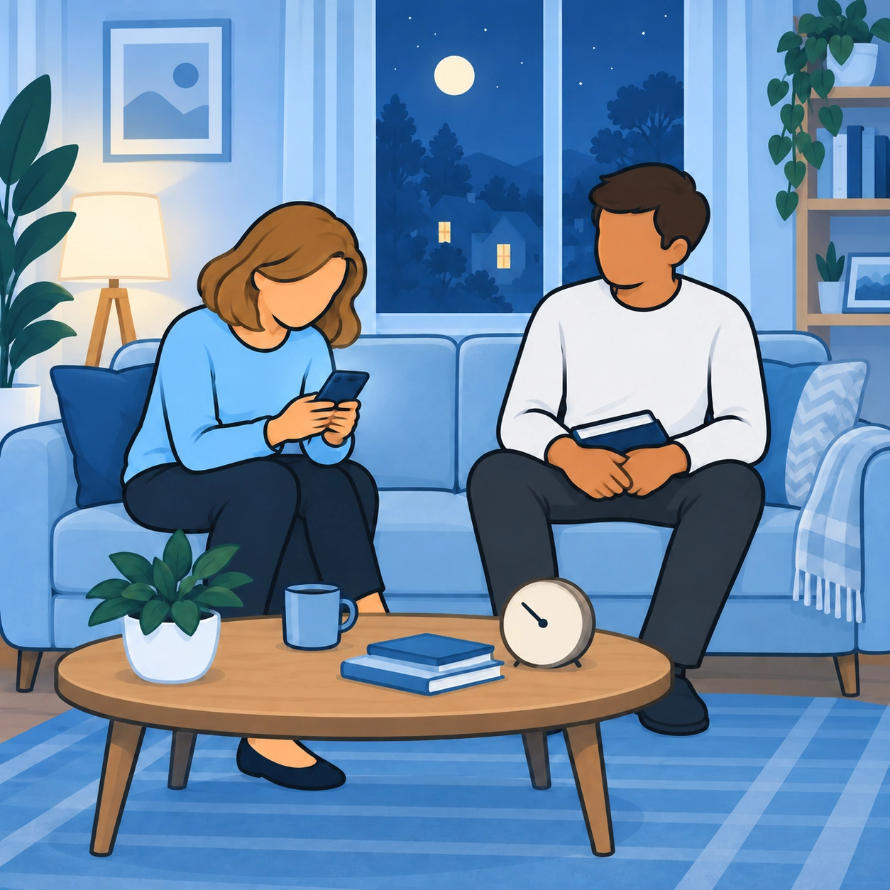 She checks her phone on the sofa at night while the man sits with a book.