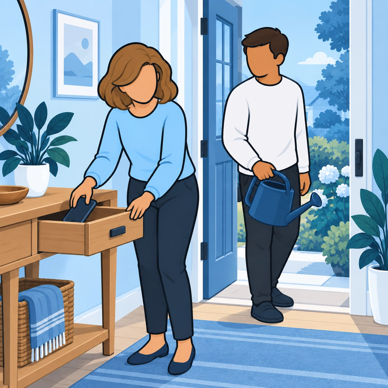 She puts the phone into a drawer as the man waits with a watering can.
