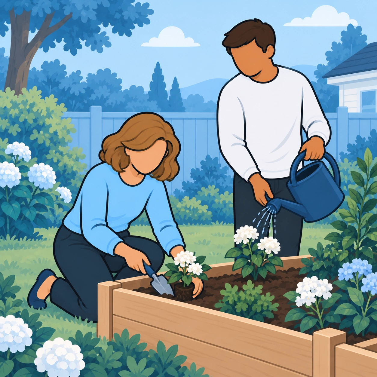 They plant and water flowers together in a raised garden bed.