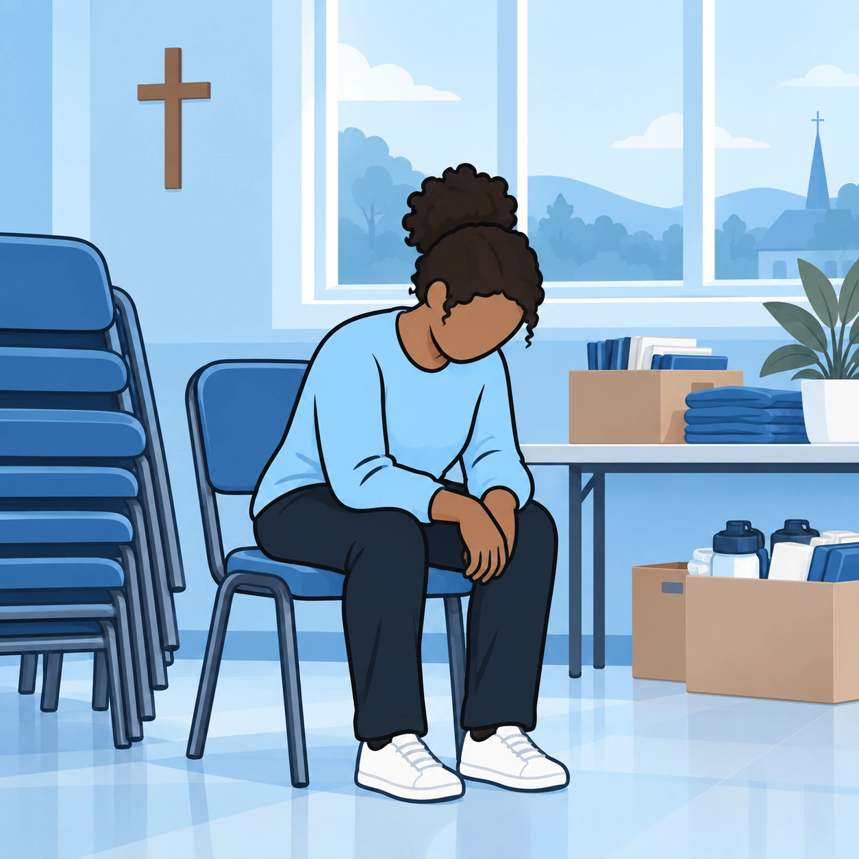 A woman sits exhausted beside volunteer supplies and stacked chairs.