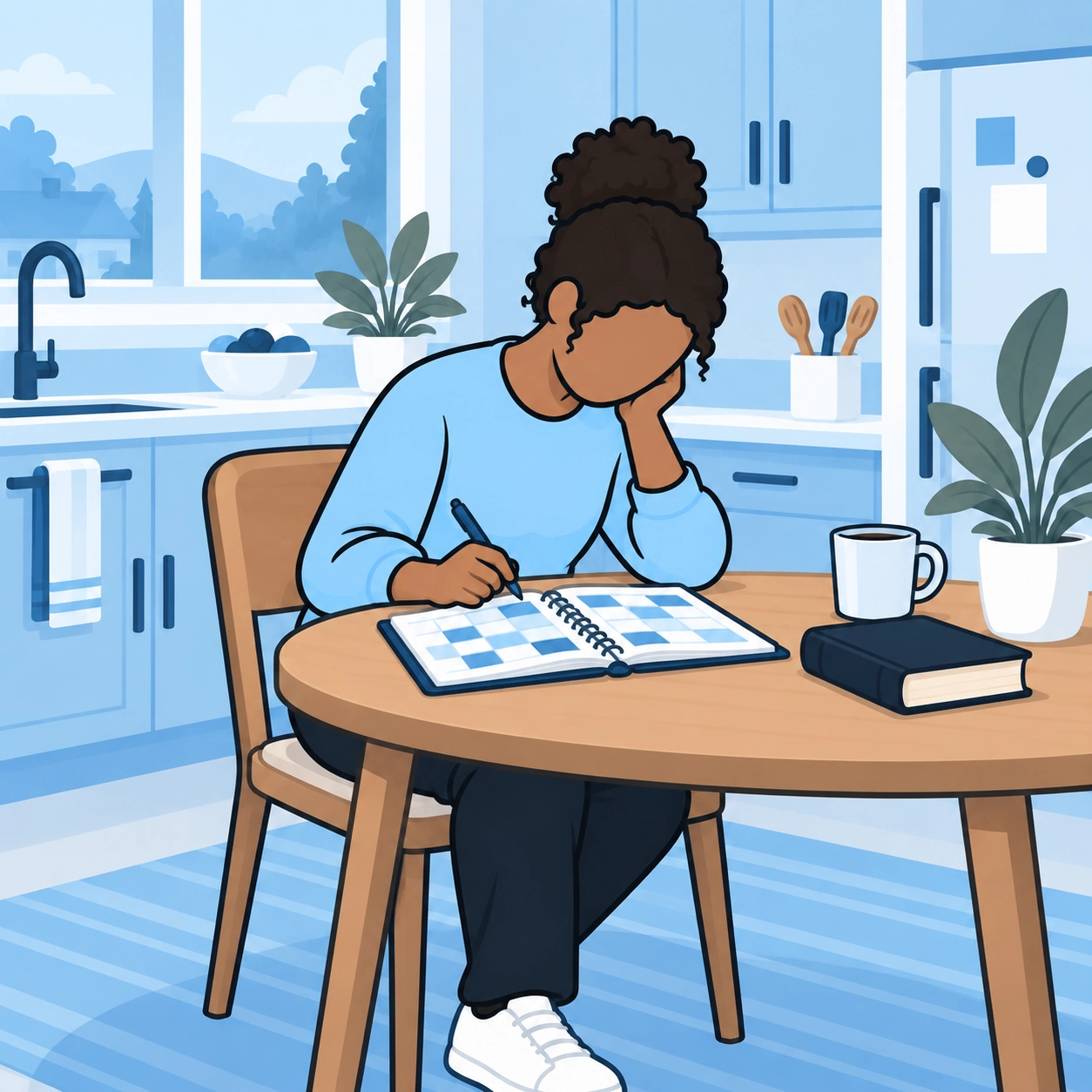 She studies a crowded planner at home.