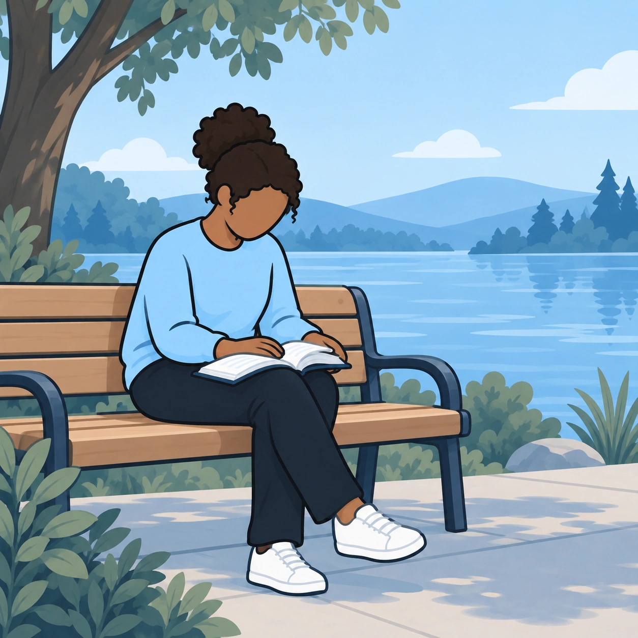 She rests with a book on a park bench.