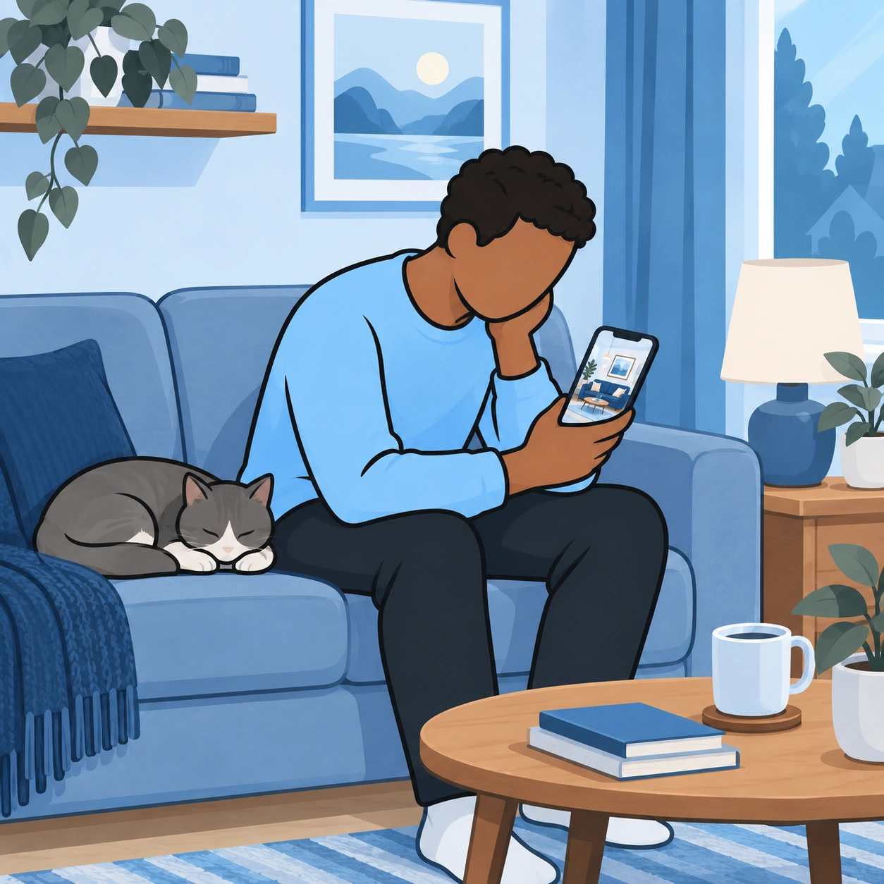 A man feels dissatisfied while viewing an idealized living room on his phone.