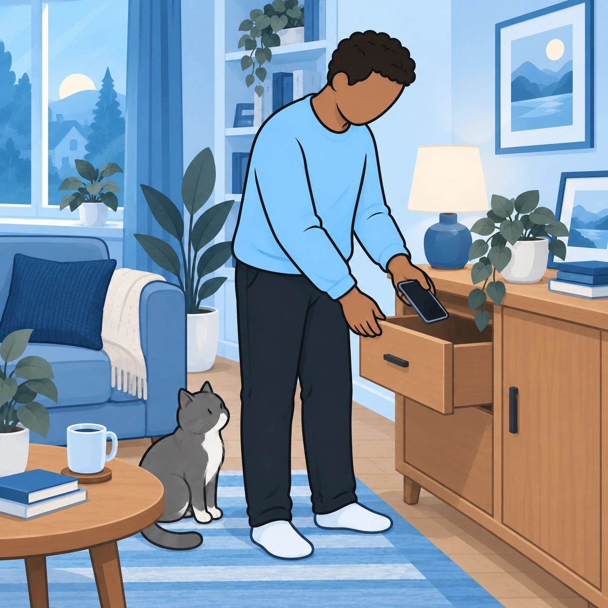 The man puts his phone away in a drawer to interrupt lifestyle comparison.
