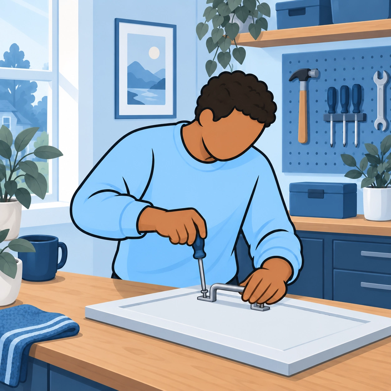 He repairs a cabinet-door handle at a workbench.