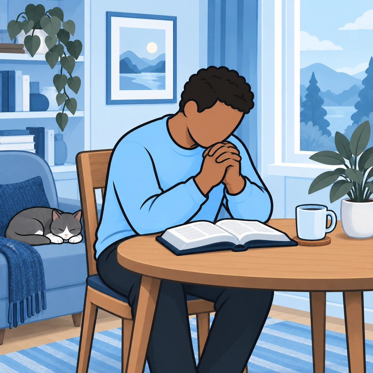 He prays beside an open Bible in his ordinary, comfortable home.