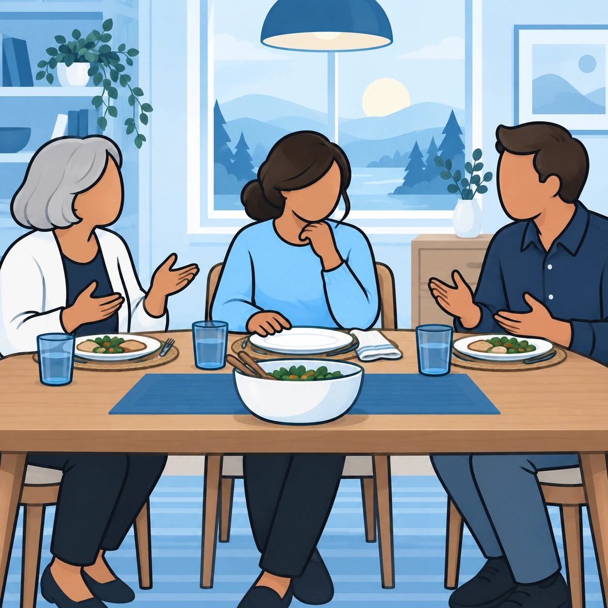 A woman sits worried at a dinner table while others talk around her.