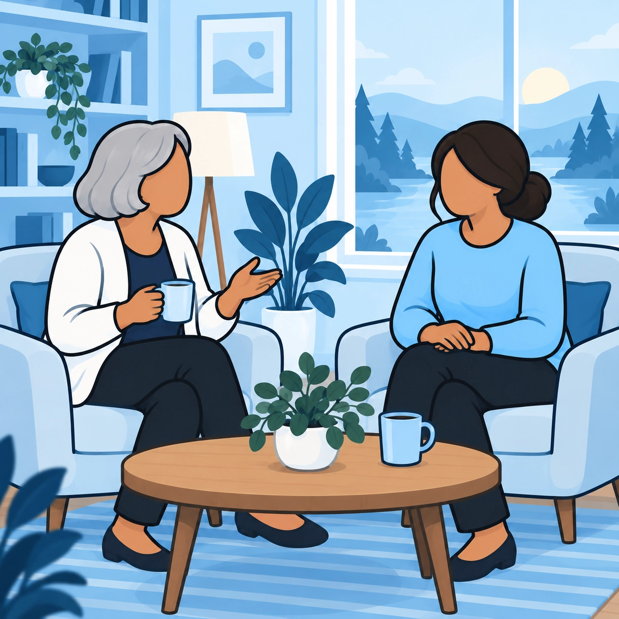 She talks with an older woman over mugs in a sitting room.