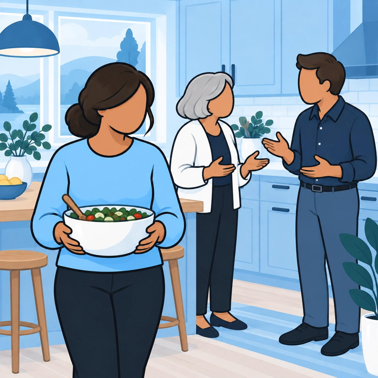 She holds a serving bowl while two people disagree in the kitchen.