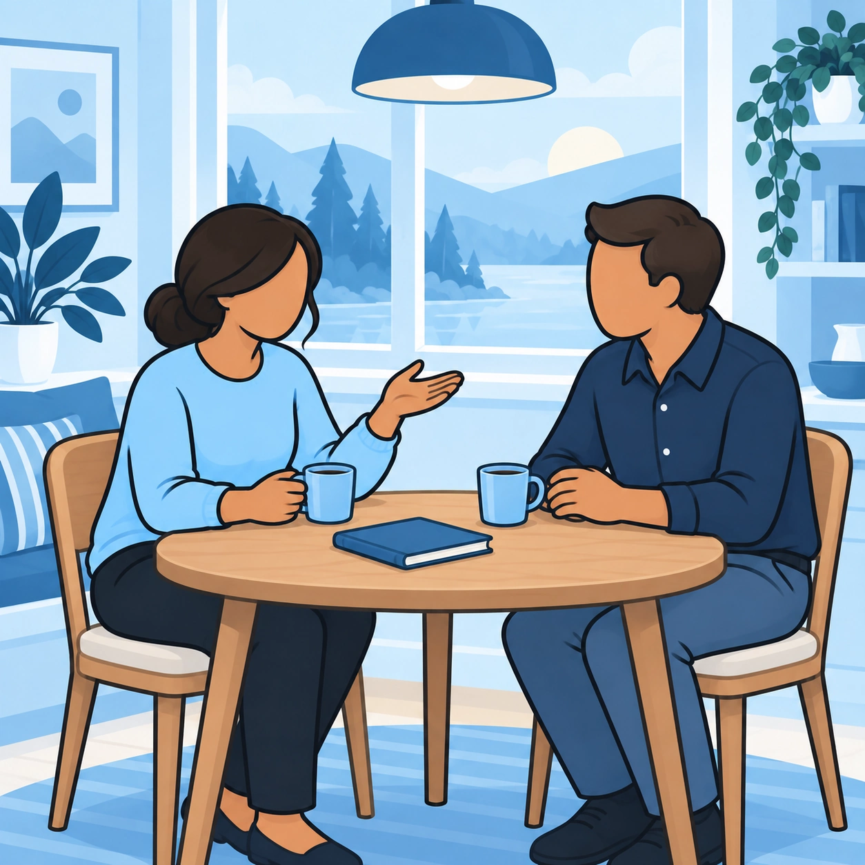 She explains something to a man across a small round table.