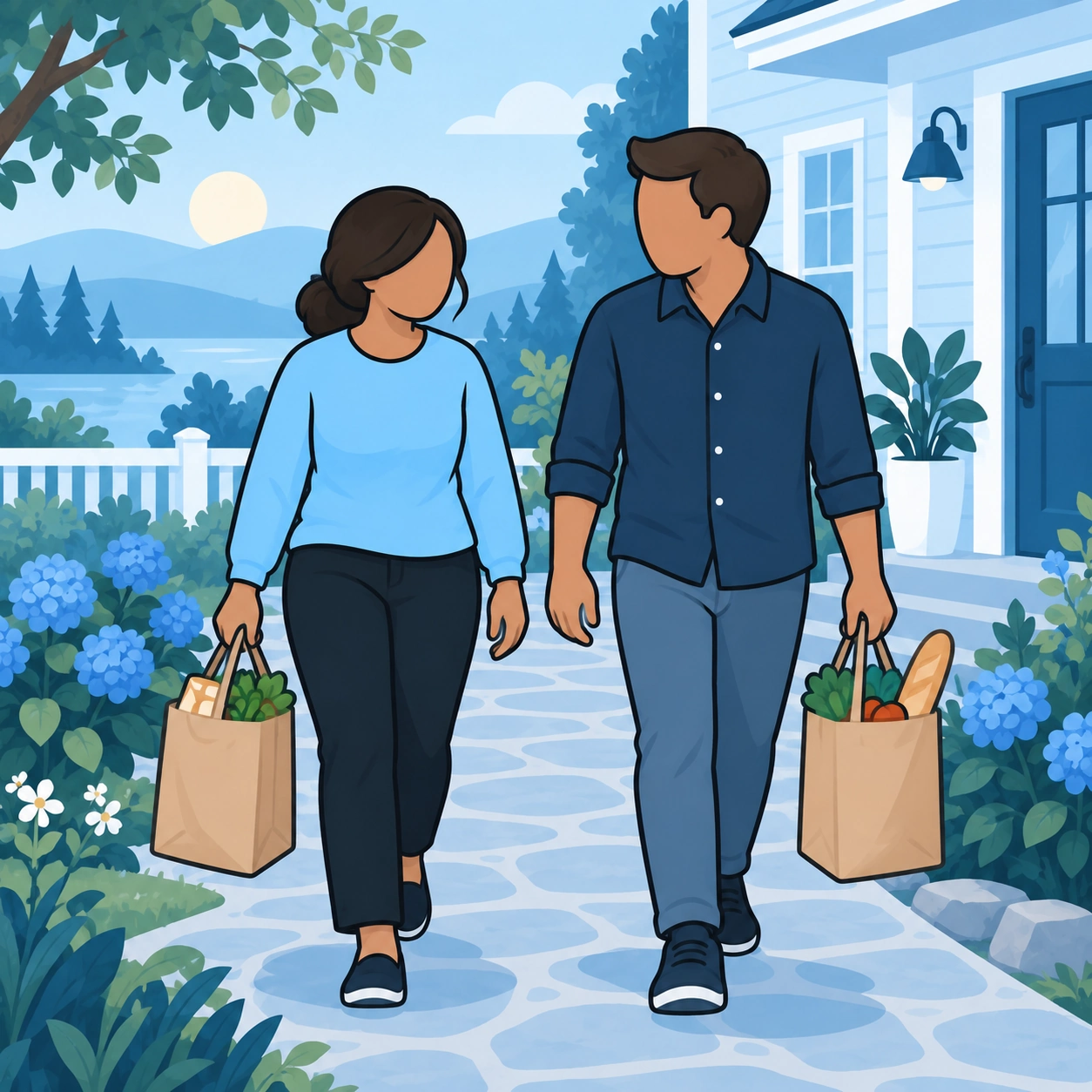 She and the man walk along a garden path carrying shopping bags.
