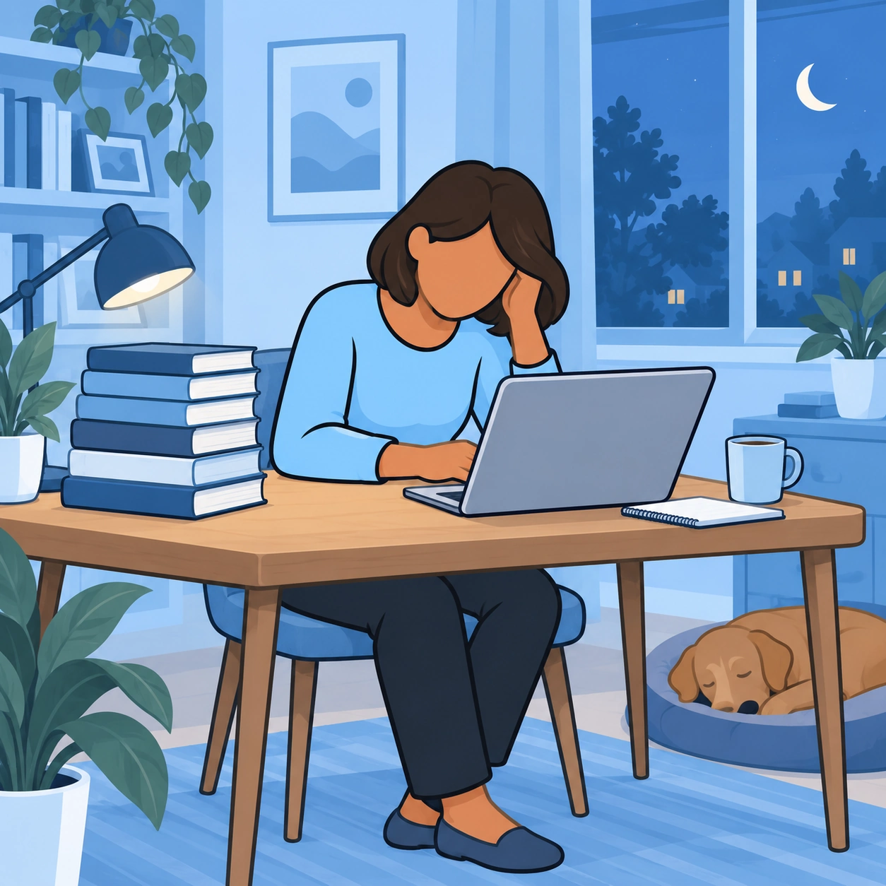 A woman works beside a tall pile of books.