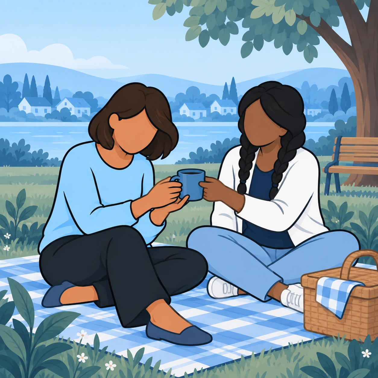 The woman talks with a braided friend on a picnic blanket.