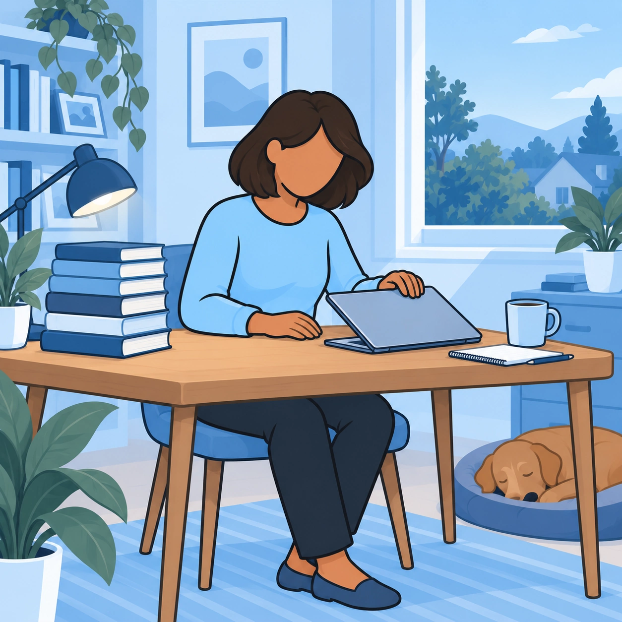 The woman closes her laptop at her desk.