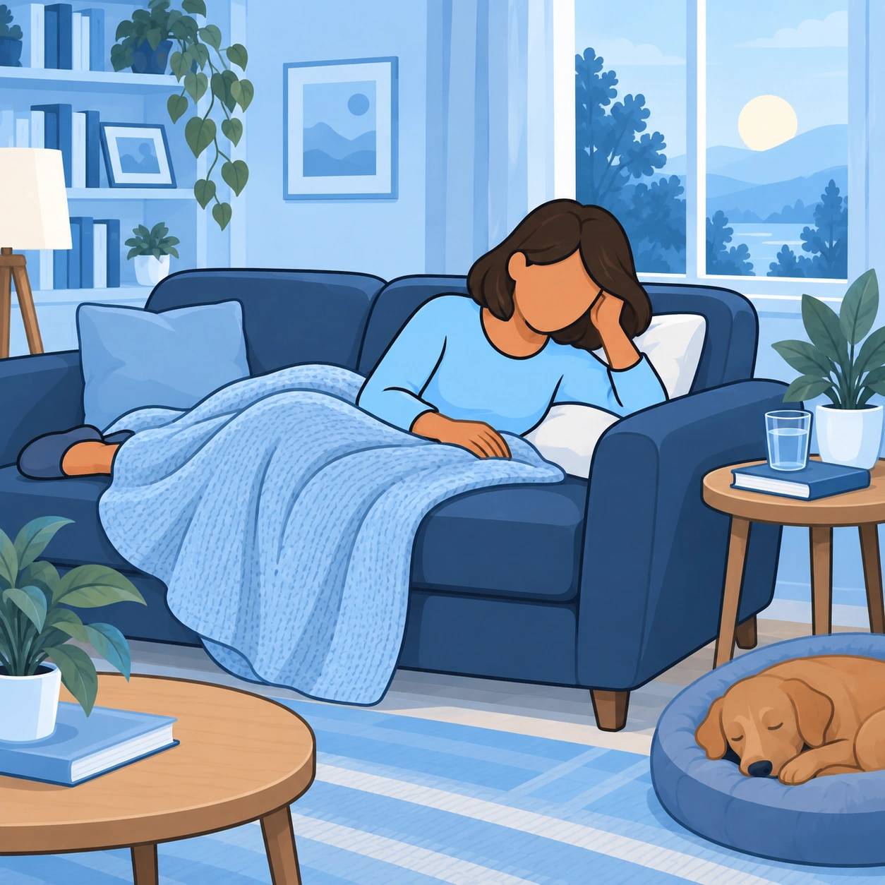 The woman rests on a sofa with a blanket.