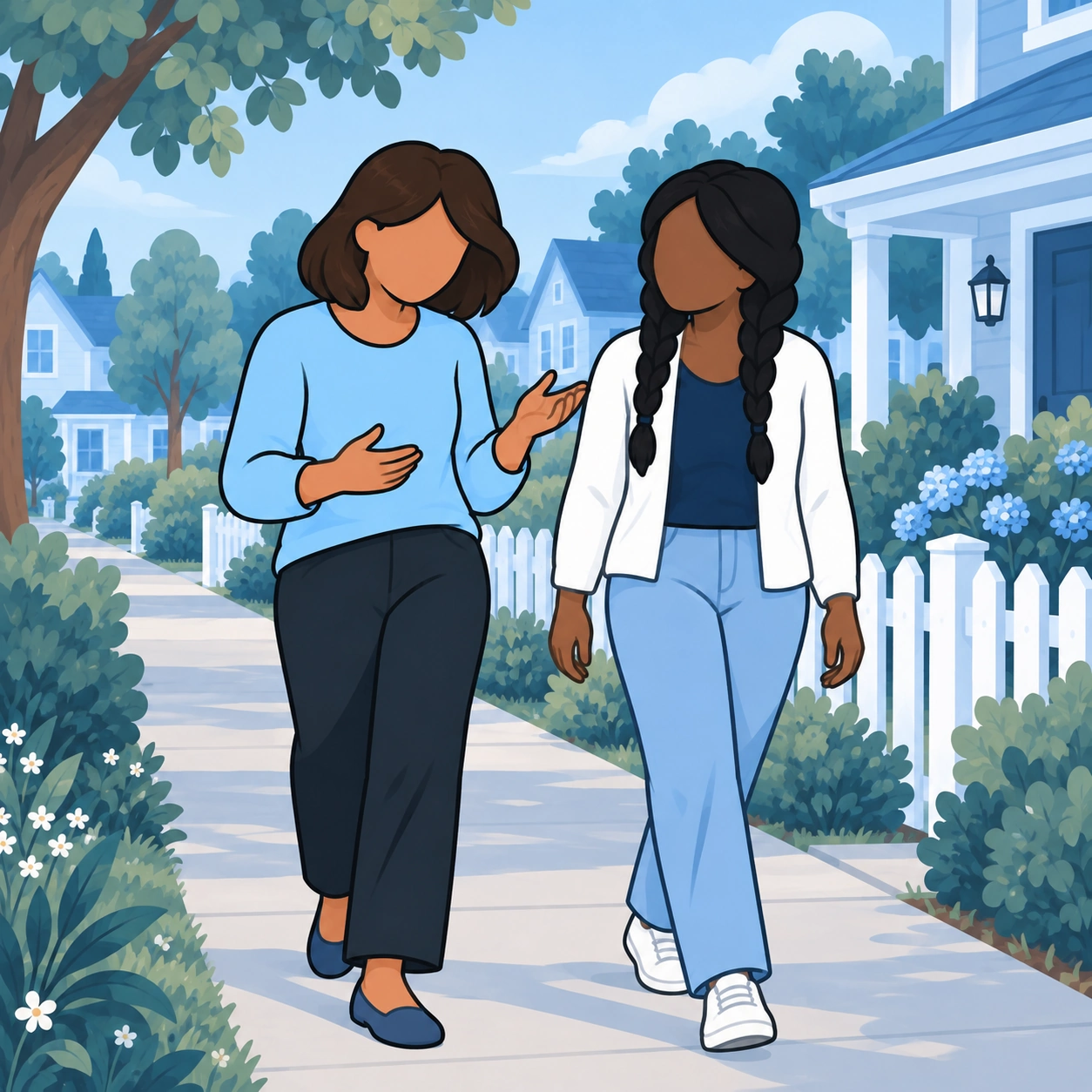 The two friends walk together through their neighborhood.
