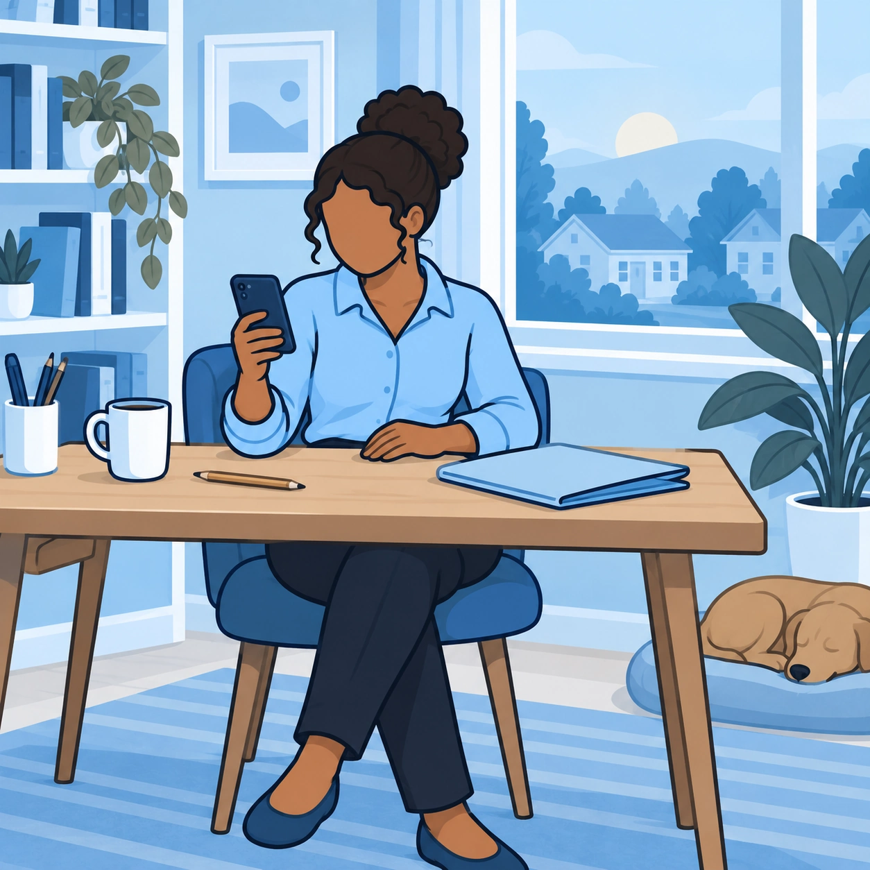 A woman checks her phone beside an unopened work folder at her home desk.
