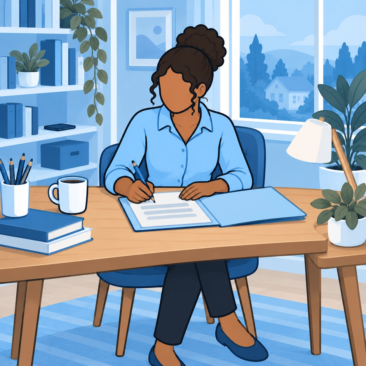 The woman opens the folder and begins writing on the first page.