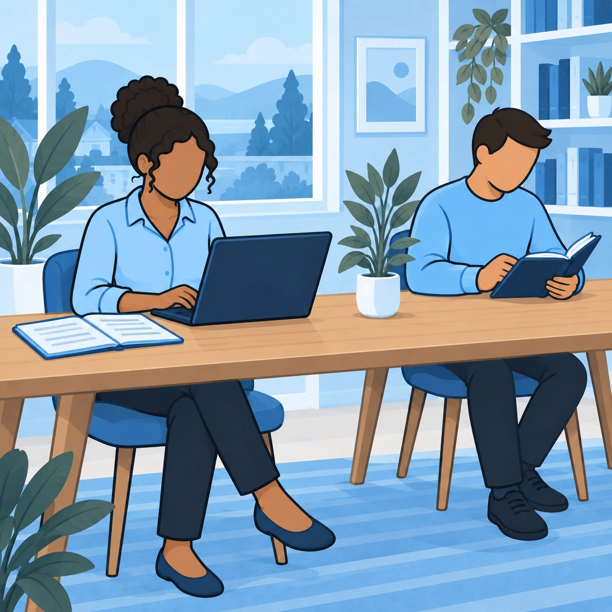 The woman works on a laptop while a coworker reads quietly alongside her in a shared workspace.