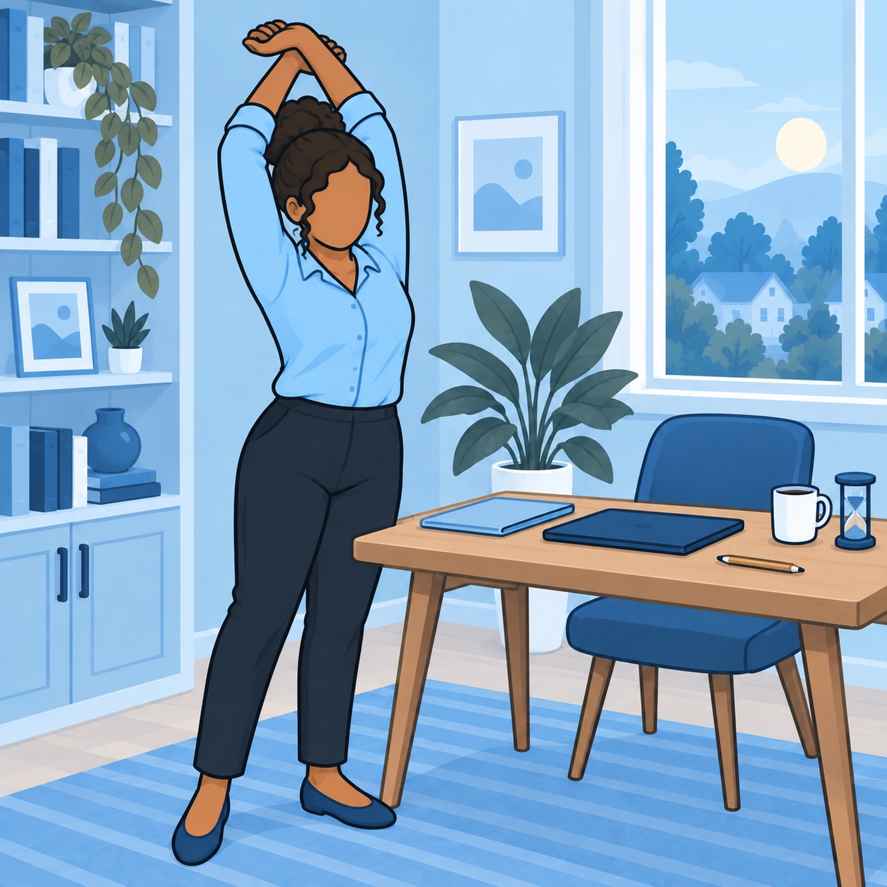 The woman stretches beside her desk after closing her folder and laptop.